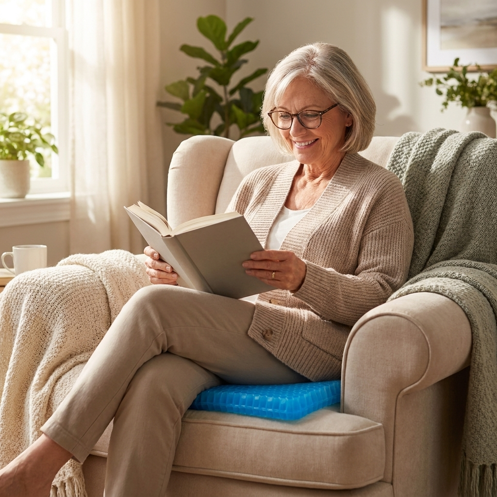Femme âgée qui lit confortablement dans son fauteuil, assise sur le coussin en gel GEL FLEX