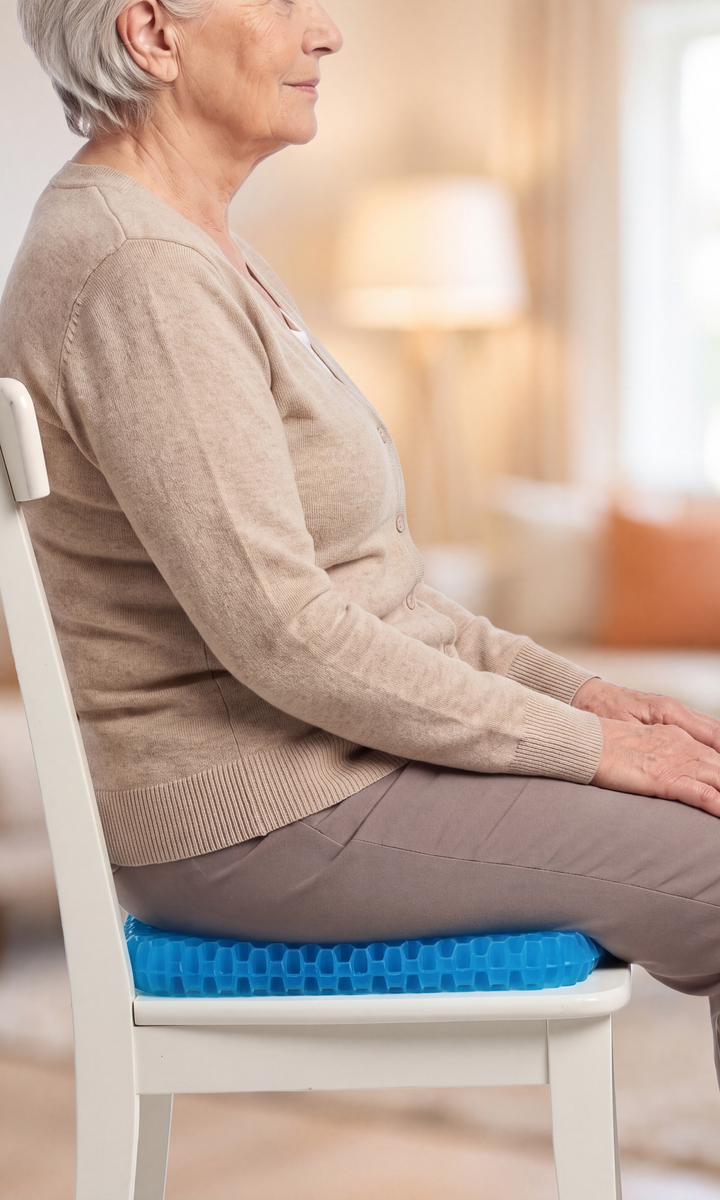 Femme âgée assise bien droite sur le coussin GEL FLEX