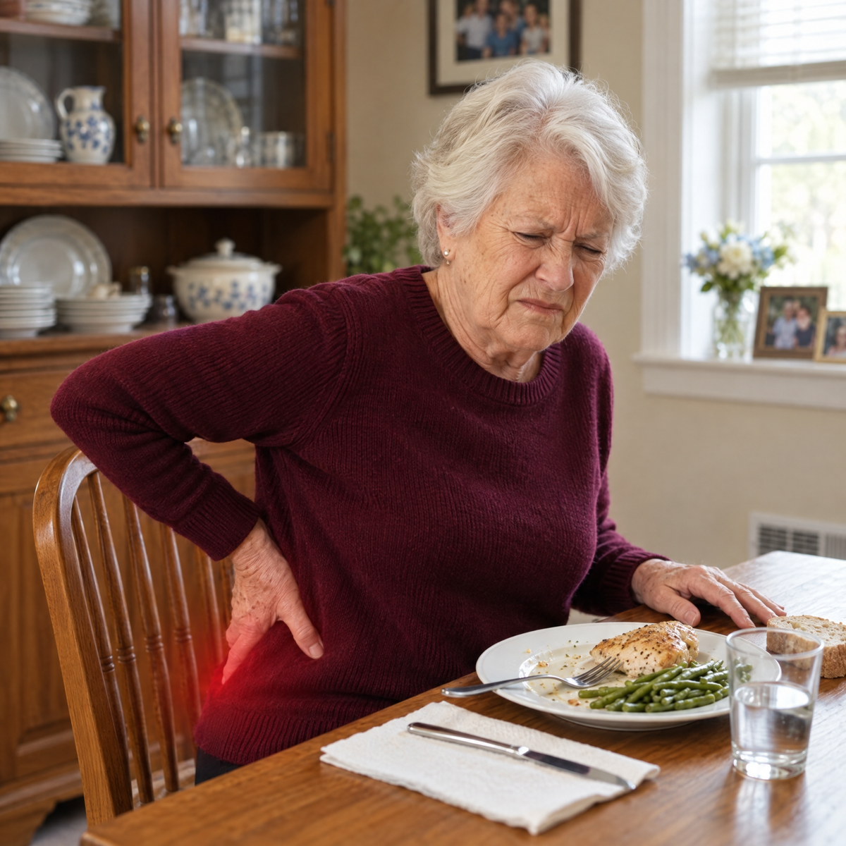 Femme âgée qui se tient le bas du dos, assise à table