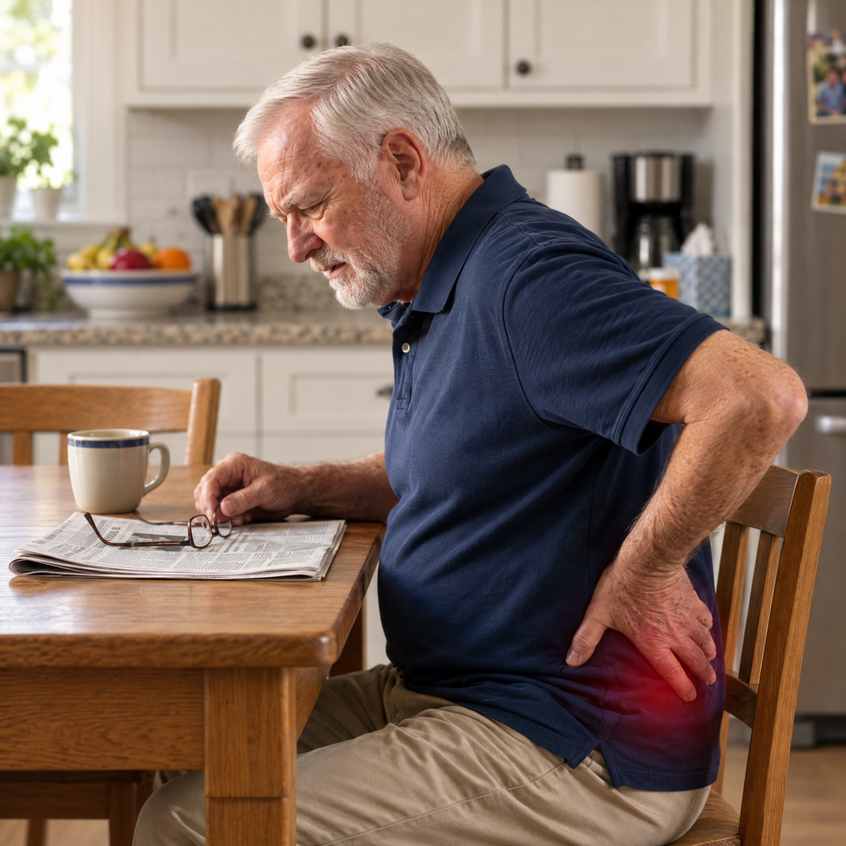 Homme âgé qui a mal au dos sur une chaise de cuisine