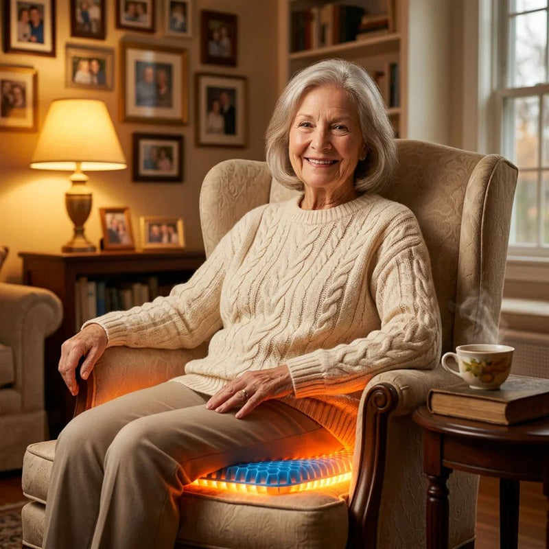 Femme âgée souriante assise sur le coussin GEL FLEX dans son fauteuil