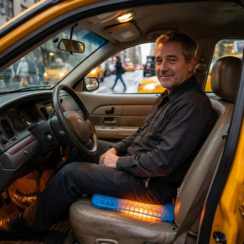 Conducteur assis sur le coussin GEL FLEX dans son auto