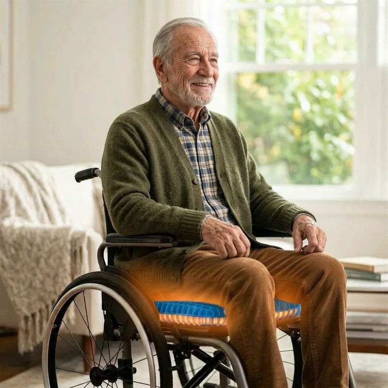 Homme âgé qui utilise le coussin GEL FLEX dans son fauteuil roulant